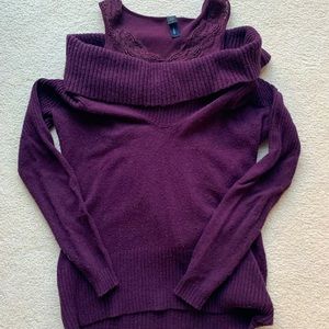Plum cowl sweater and lace tank